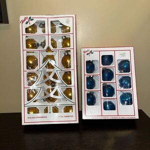 28 Blue & Gold Vintage Christmas Holly Brand Glass Ornaments Made In America